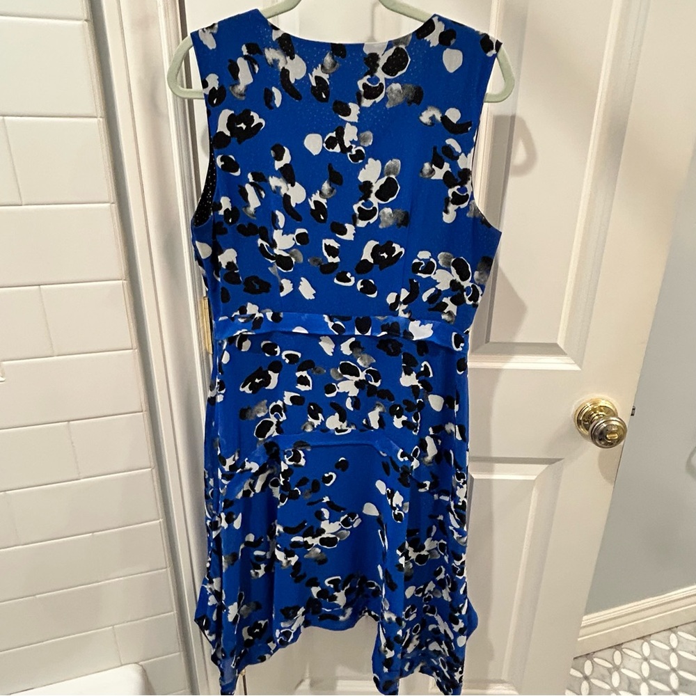 CAbi Electric Blue Floral Asymmetrical Handkerchief Hem Polka Dot Dress Sz M - Picture 6 of 11
